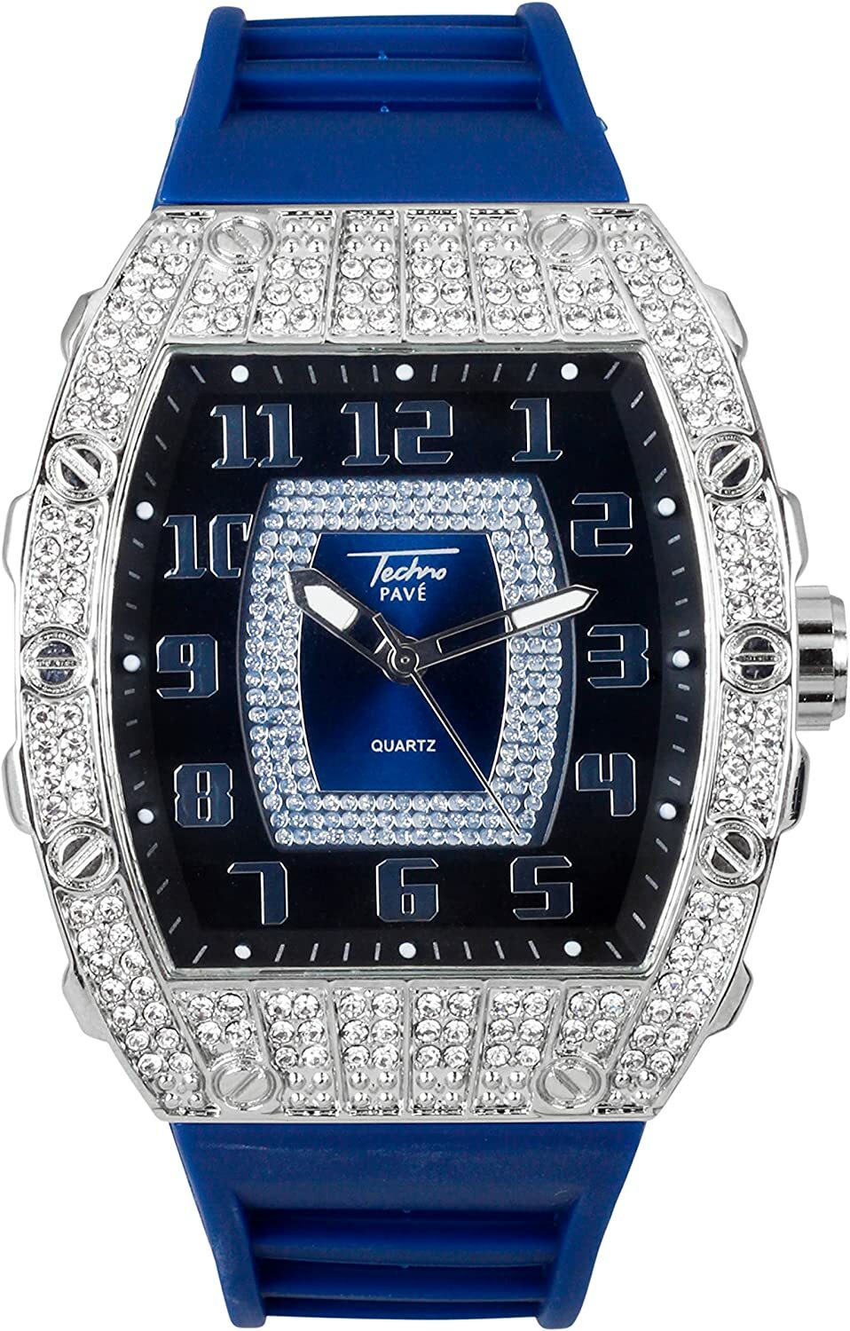 Men Iced Watch Bling Rapper Simulate Lab Diamond Rubber Luxury Rectangle Silver