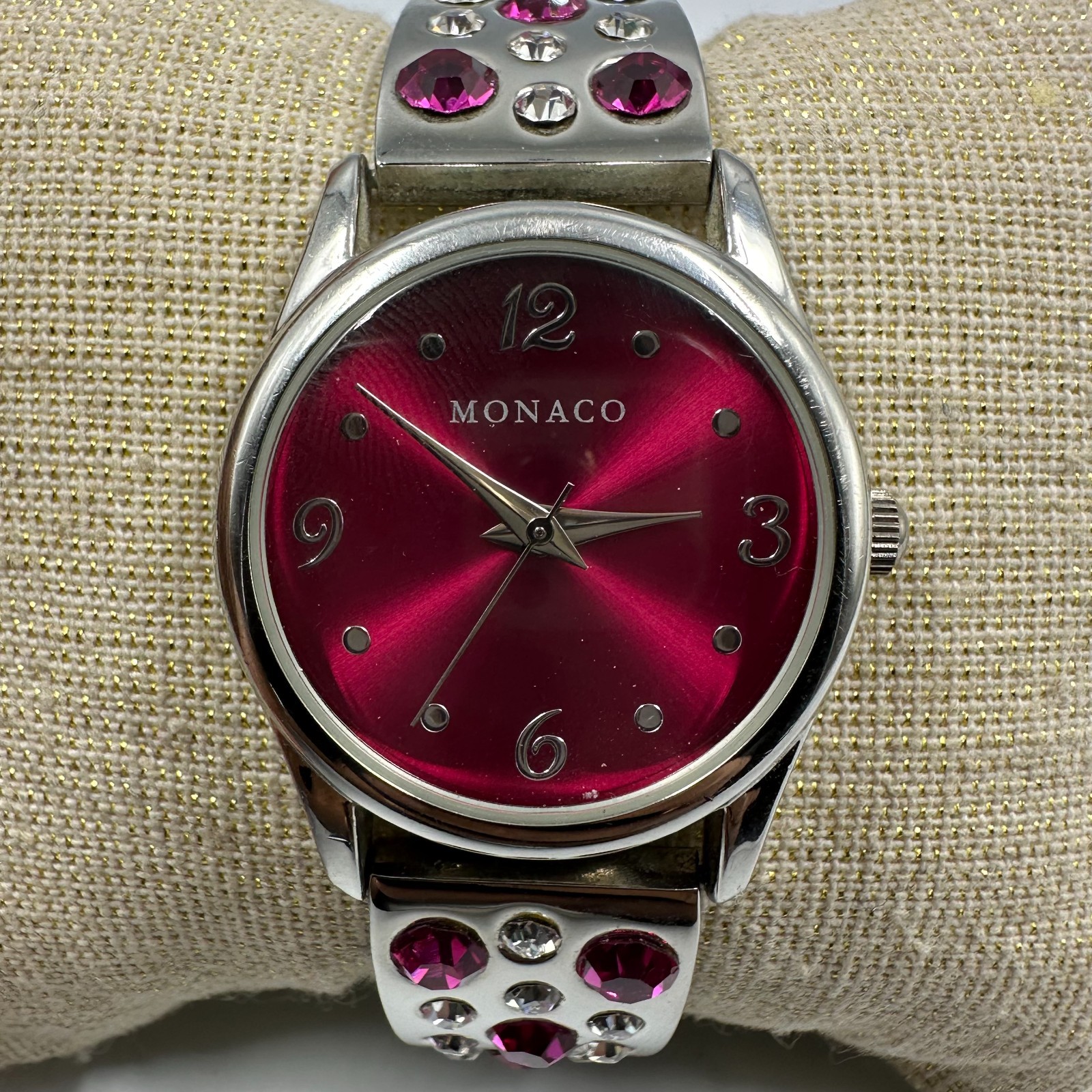 Monaco Watch Women Pink Dial Silver Tone Rhinestone Stretch Band New Battery