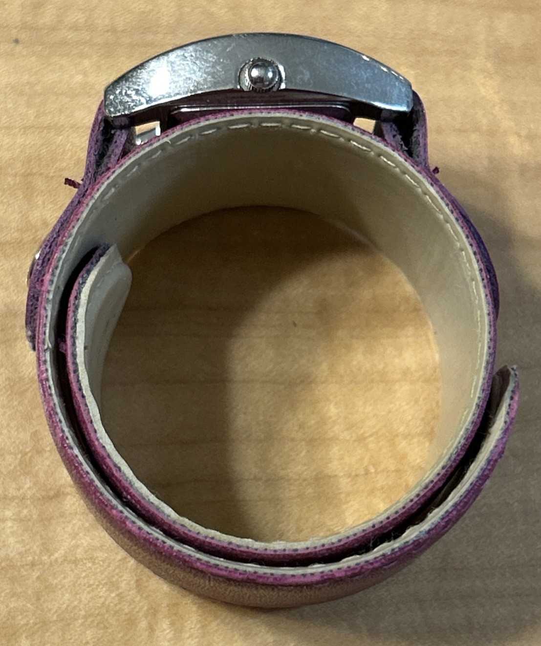 Eiko Womans Silver Tone Purple Slap Bracelet Faux Leather Band Watch New Battery
