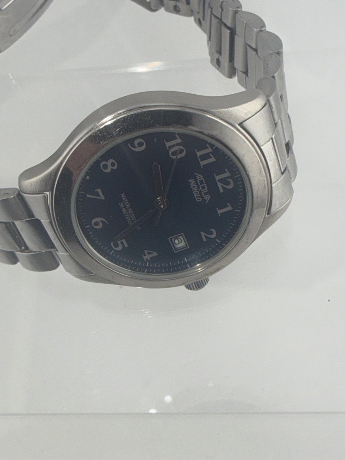 Vtg Timex Acqua Watch Men 36mm Silver Tone Indiglo Blue Dial New Battery