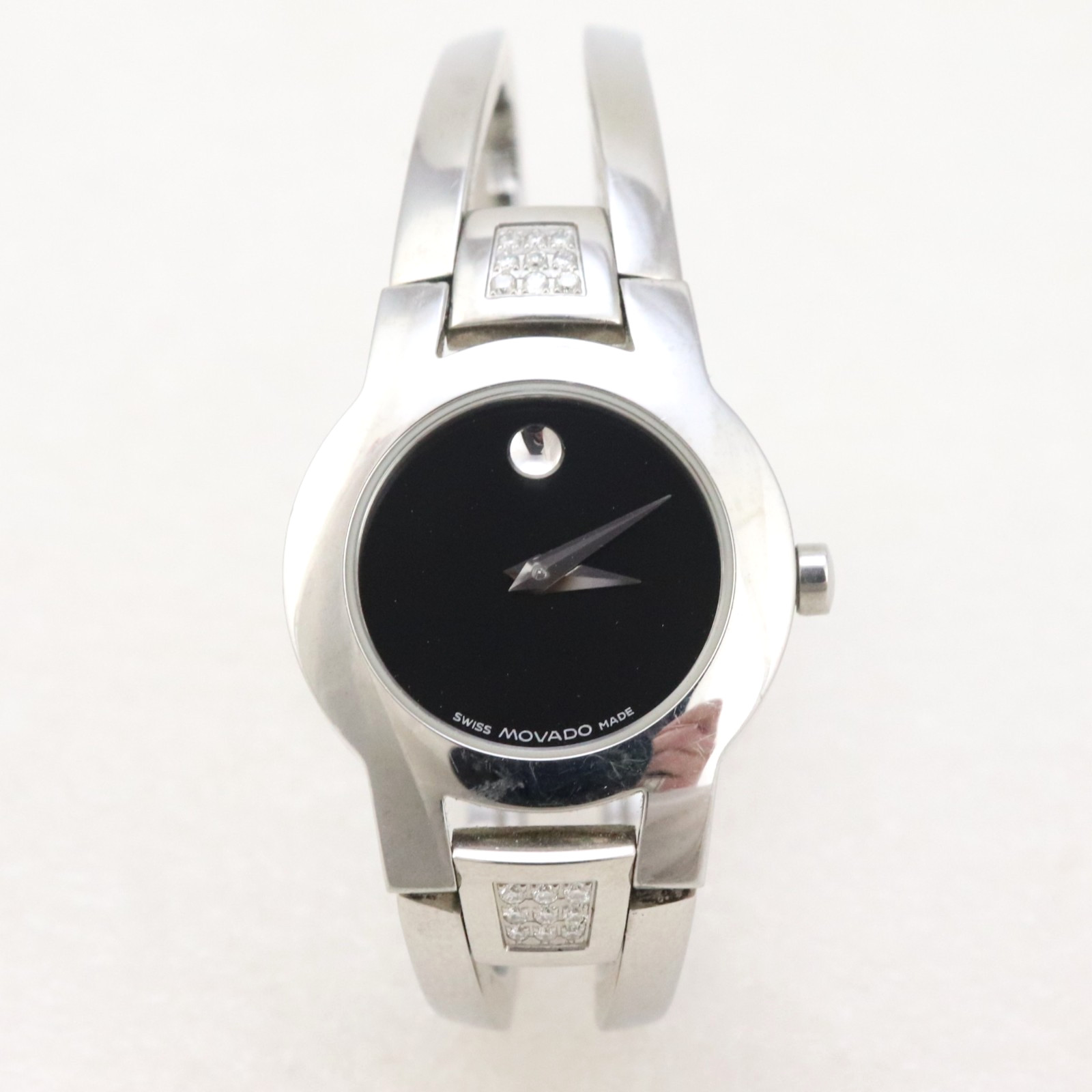 6.25″ New.Bat Movado Amorosa Diamond Watch Women Black Dial Stainless Steel 24mm