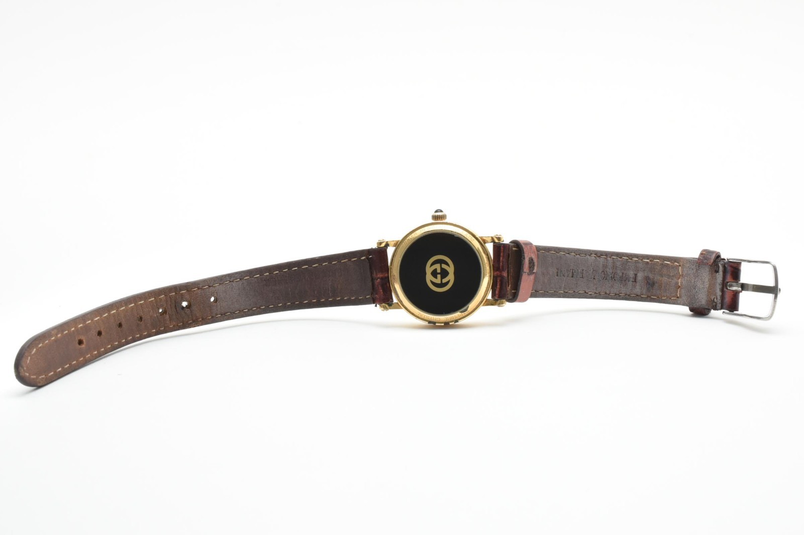 GUCCI 7200L Quartz Women’s Watch White Roman Dial Date Gold Tone Leather 26 mm