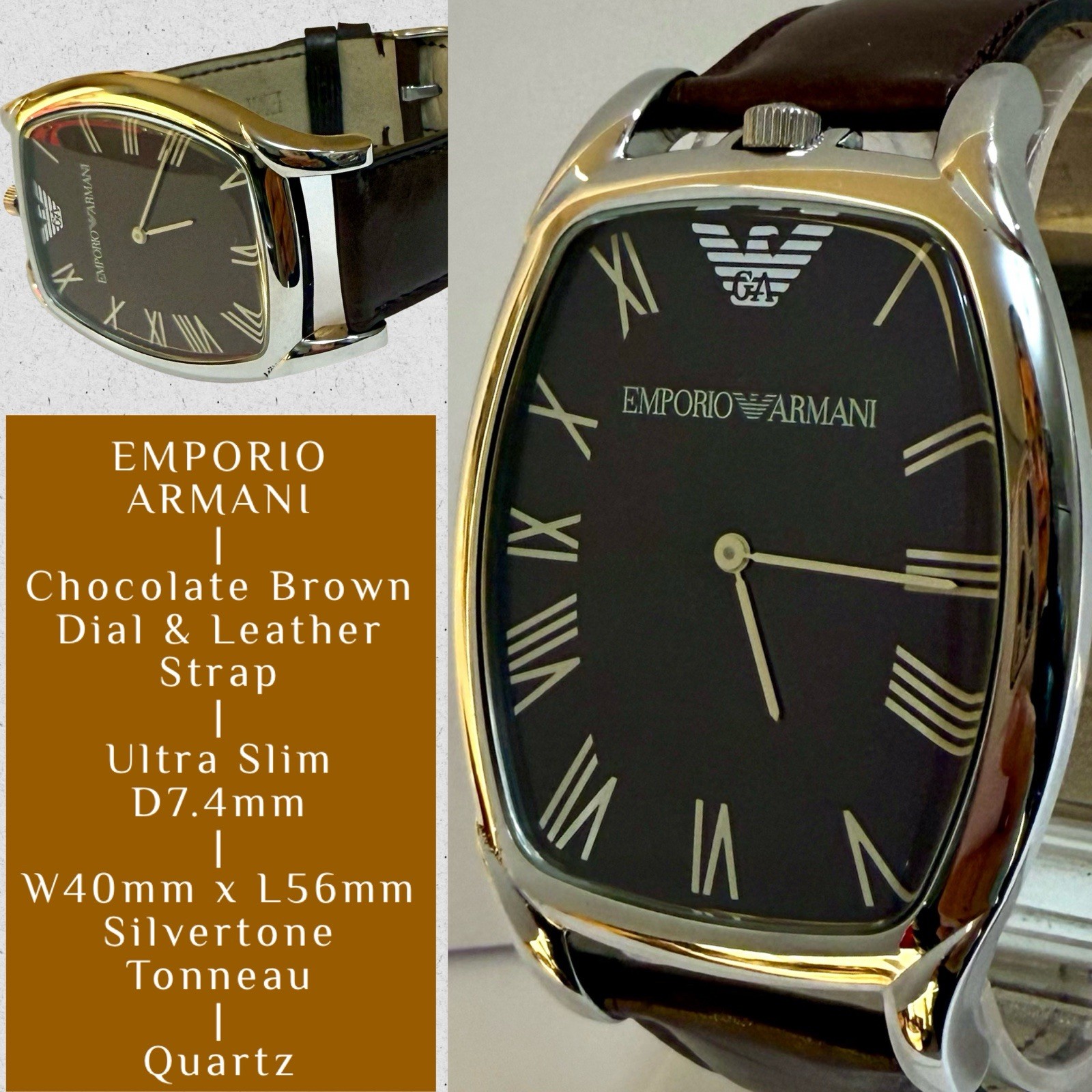 Chocolate Brown Dial & Strap | W40mm x L56mm Slvrtn Tonneau EMPORIO ARMANI Watch
