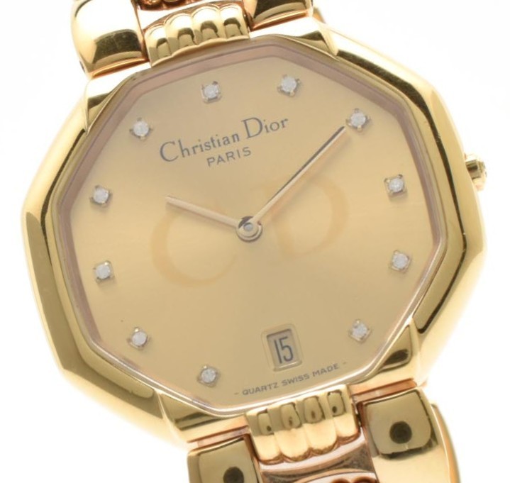 【N MINT】Christian Dior 45.154 11P Diamond Gold Dial 32mm Qz Ladies Watch JAPAN