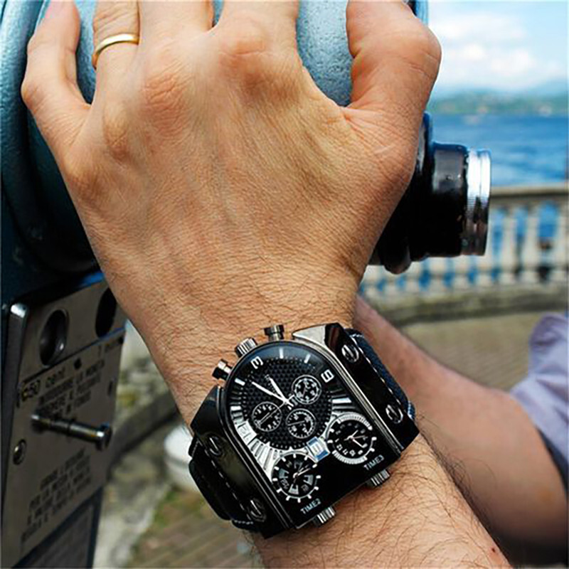 Oulm Mens Quartz Watches Leather/Steel Strap Sports Multi-Time Zones Wristwatch