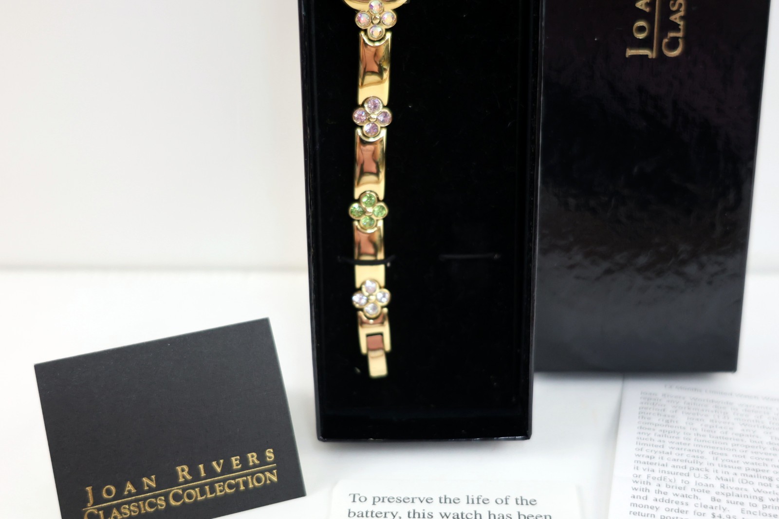 Joan Rivers Gold Tone Rhinestone Pink Green Blue Classics Watch Bracelet NIB