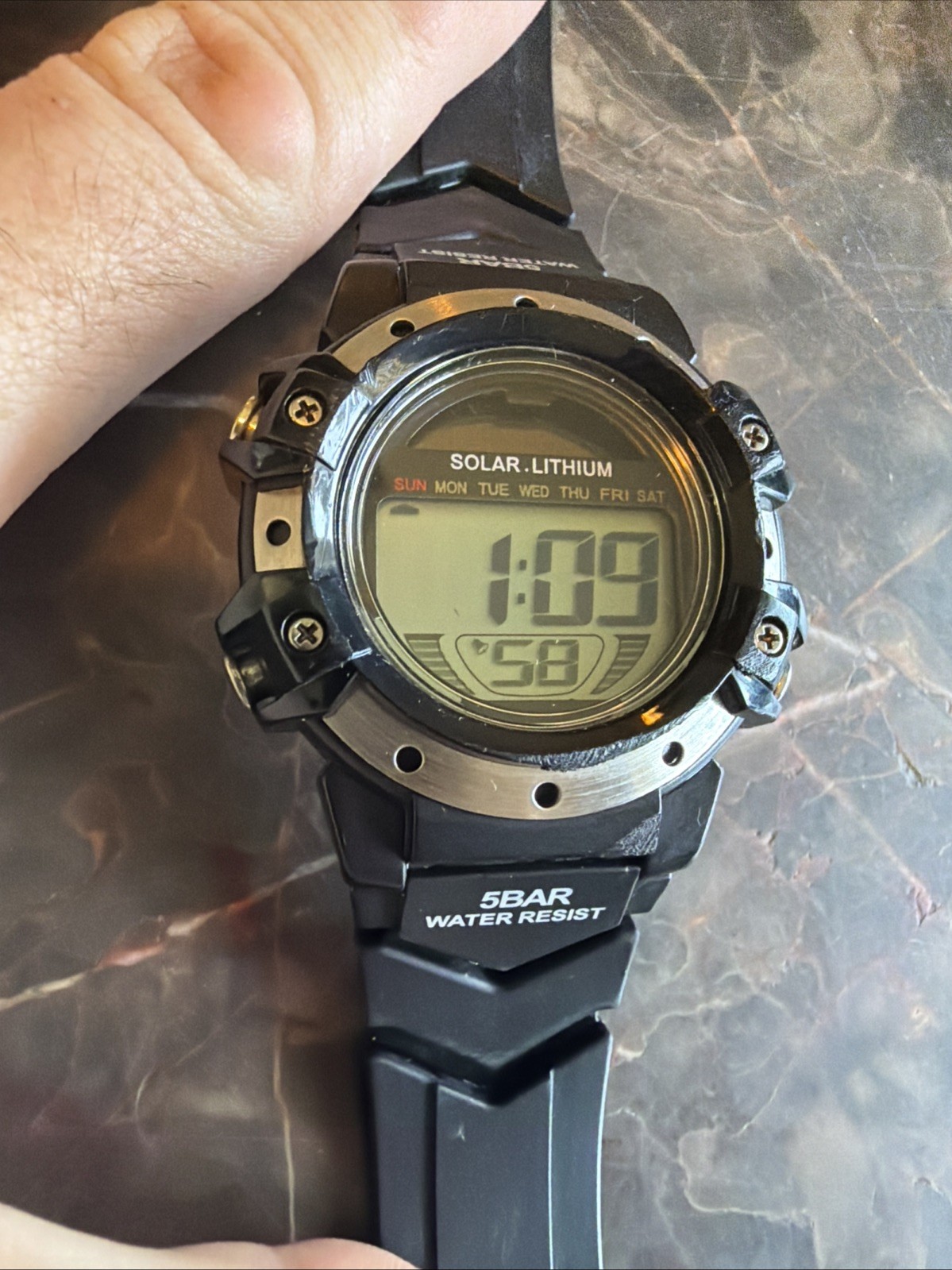 Men’s Sport Watch 5 Bar Solar Lithium WR 50M Digital Black Water Resistant C001
