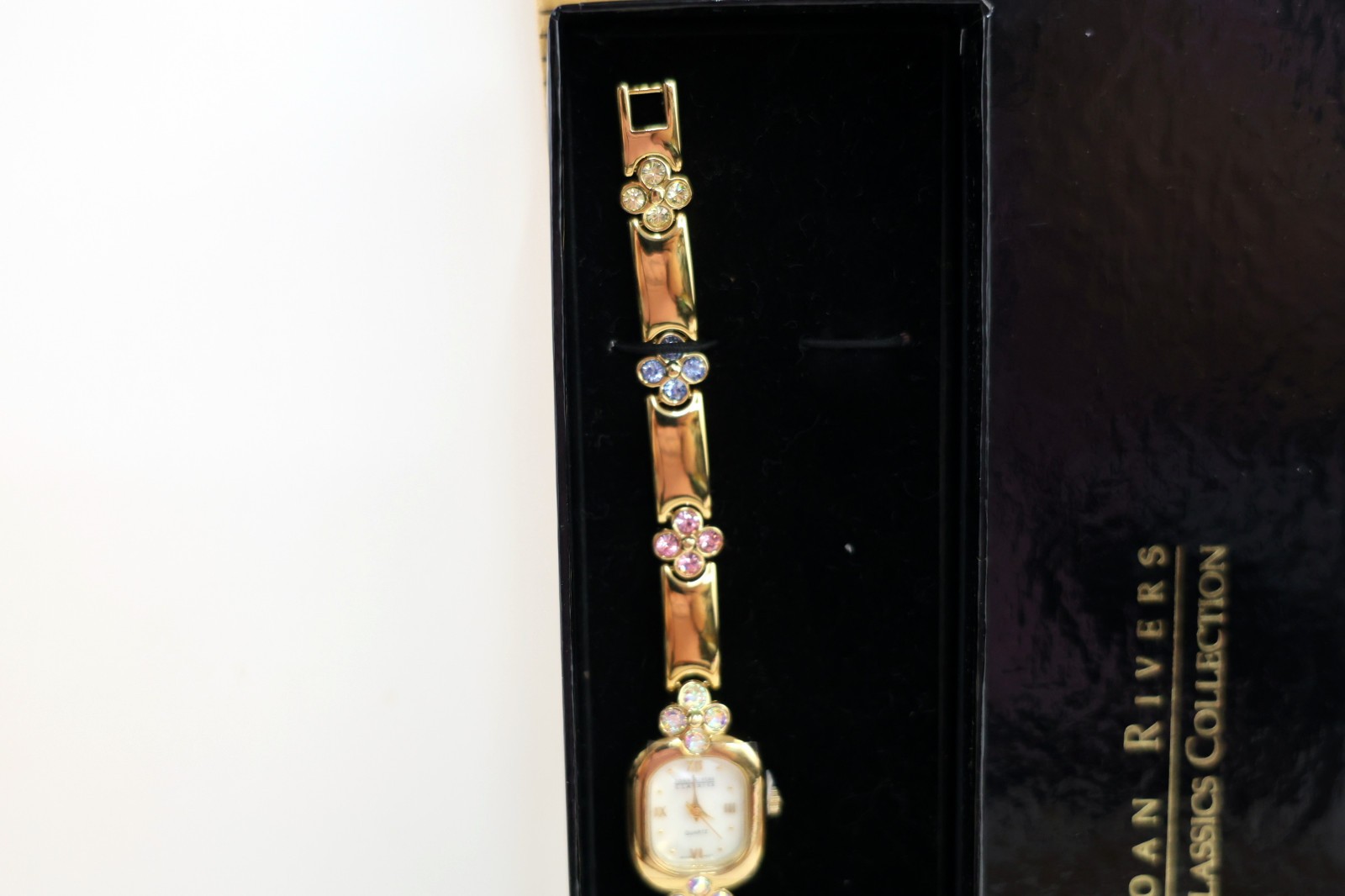 Joan Rivers Gold Tone Rhinestone Pink Green Blue Classics Watch Bracelet NIB