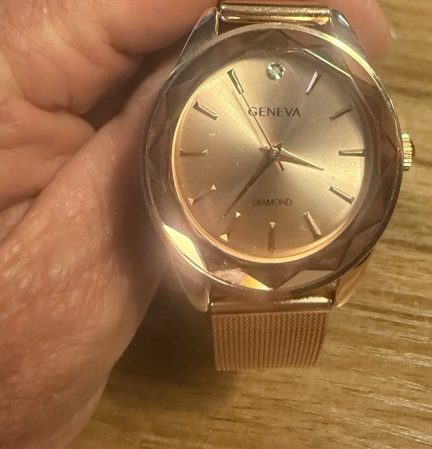 Geneva Diamond Quartz Analog Diamond Accent Rose Gold Tone Mesh Band Womens