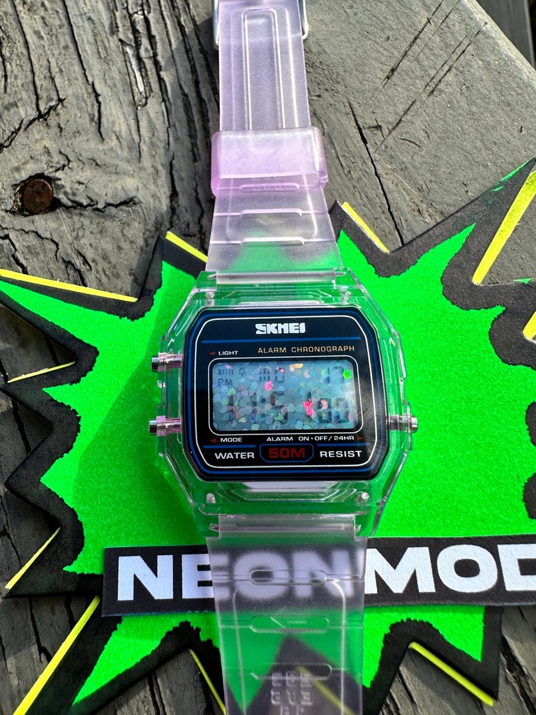 Purple Holo Watch – Rainbow Holographic Glitter Dots – Clear SKMEI Digital Watch