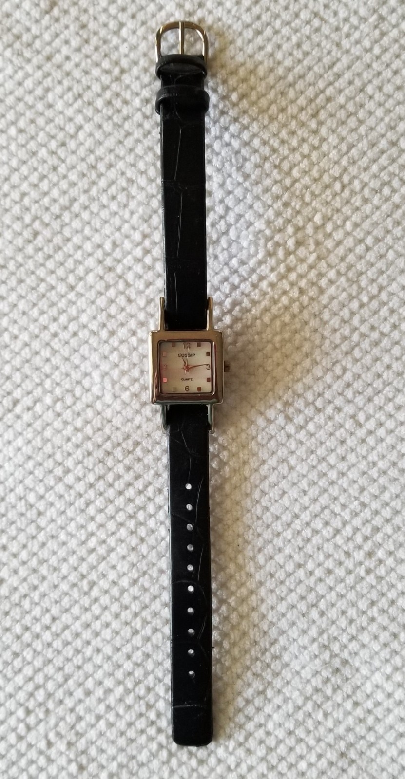 Gossip Silver Tone Watch MOP Dial Black Faux Leather Band 5″-7″ New Battery
