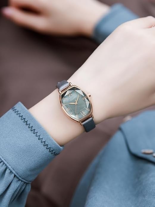 Crystal Face Women’s Watch, Real Leather Band, Analog Dial, Water Resistant