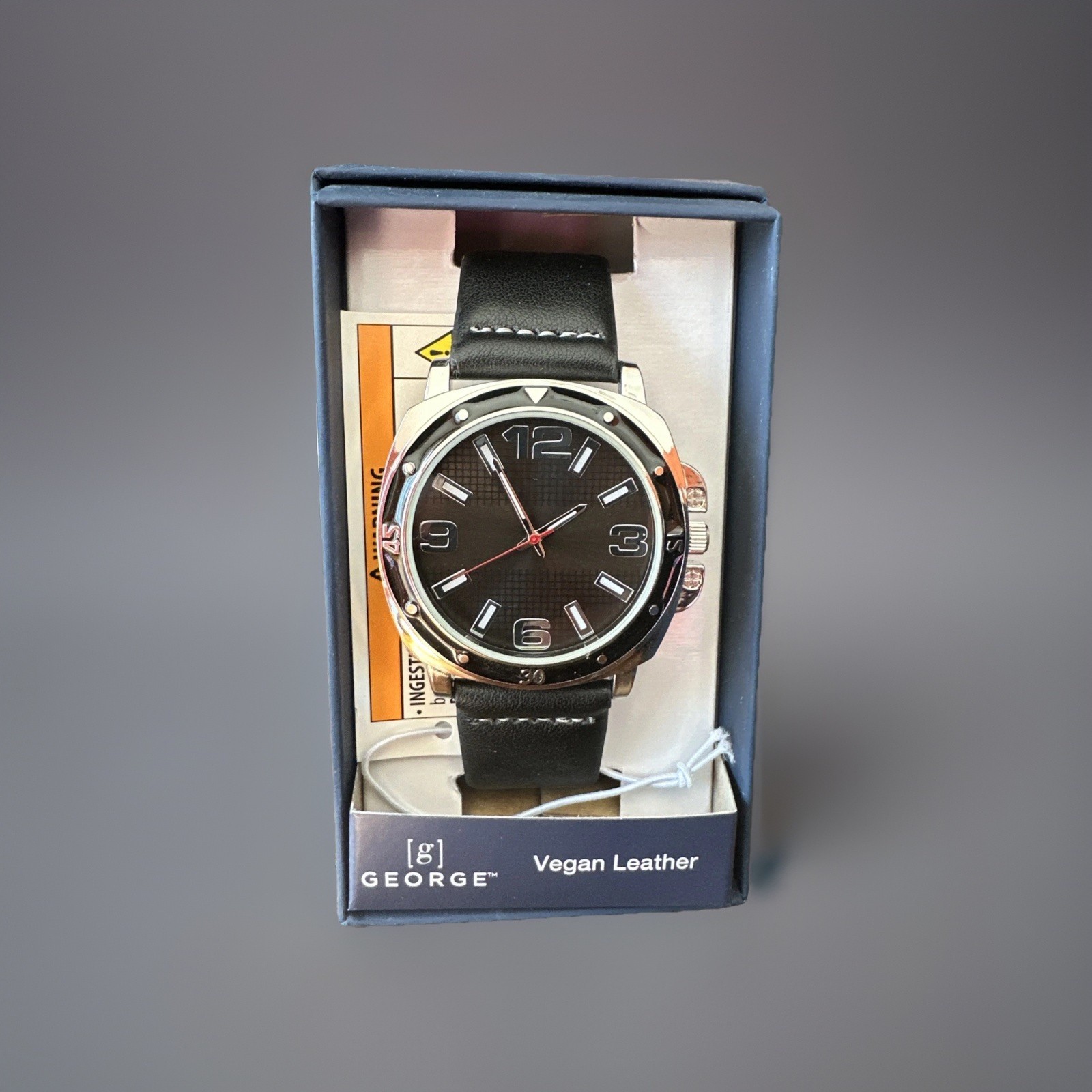 George Watch Men Silver Tone Black Easy To Read Dial Vegan Leather Canvas Band