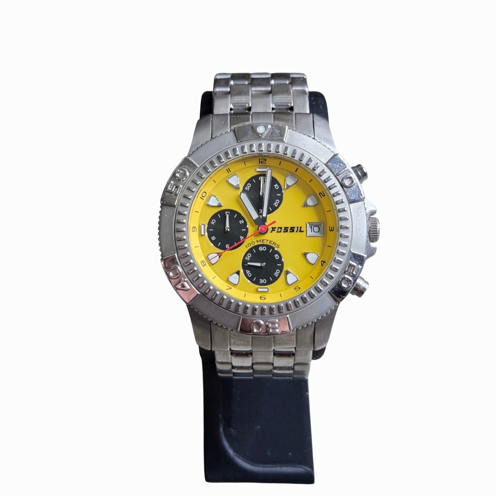 Fossil Blue 35351 Chronograph Yellow Dial 100M Stainless Steel Men Watch Tested