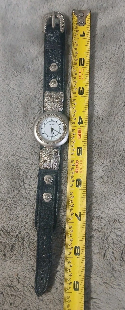 Vtg Futura Quartz Watch Women Silver Ornate Black Leather Band Needs Battery