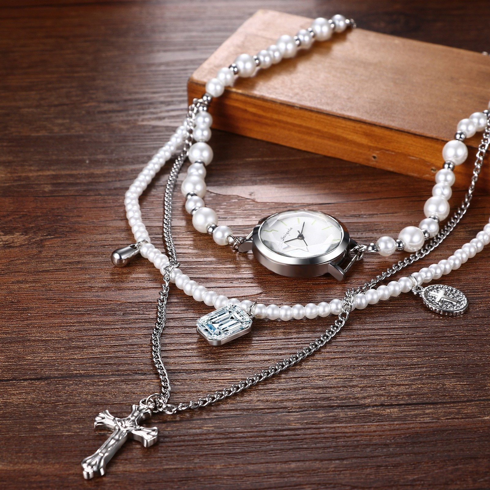 3 Layers Necklace Watch Analog Quartz Cross Faux Pearl Choker Womens WristWatch