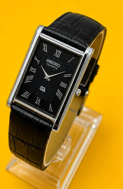 Vintage Refurbished Seiko Quartz Rectangular Black Dial Black Faux Leather Strap