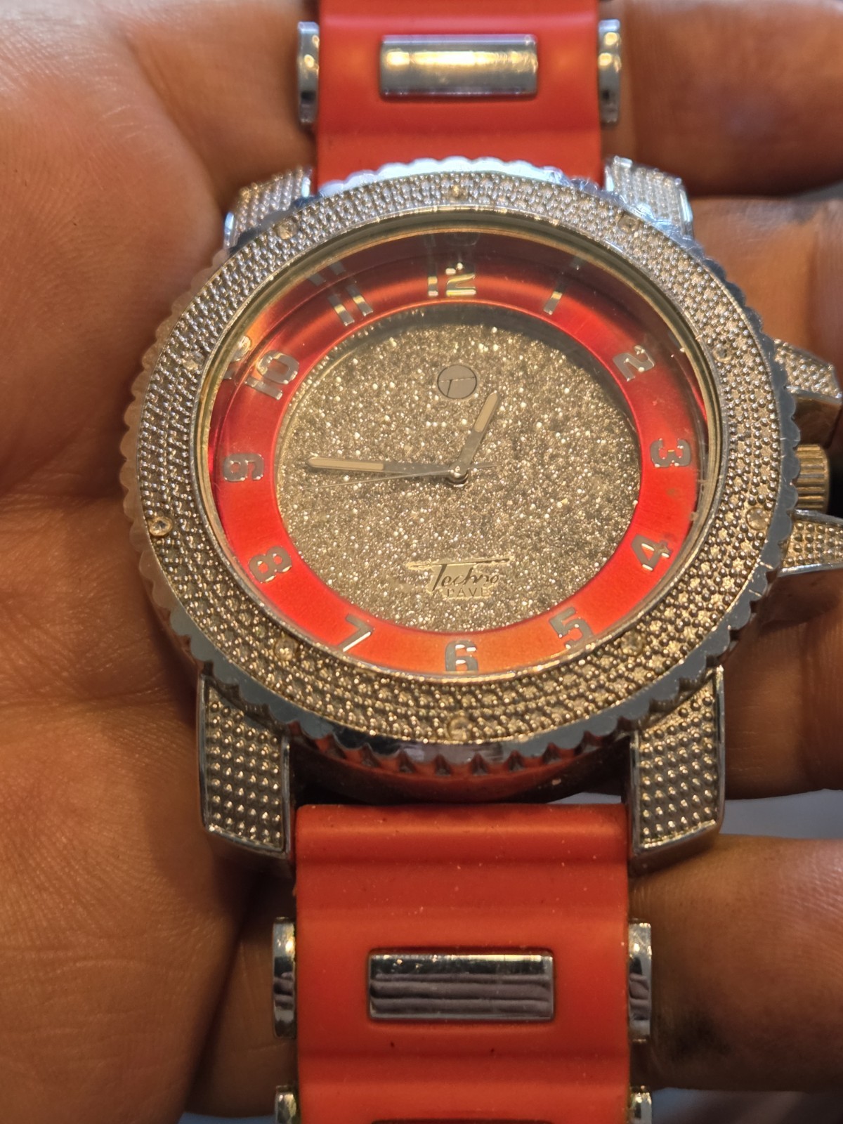 Men’s Techno Pave Silver & Red Silicon Band Dressy Casual Hip Hop Watch C208