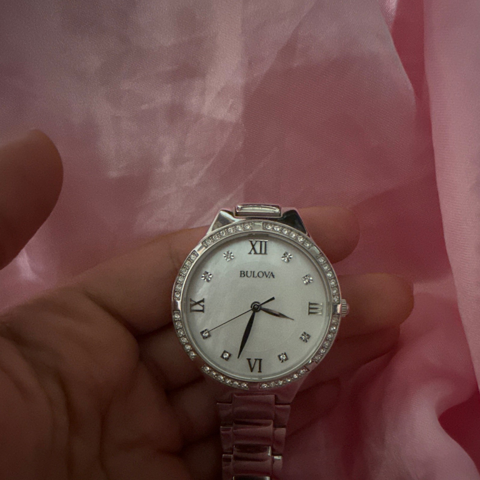 Bulova Women’s Diamond Accent Quartz Watch White Roman Dial Silver Bracelet