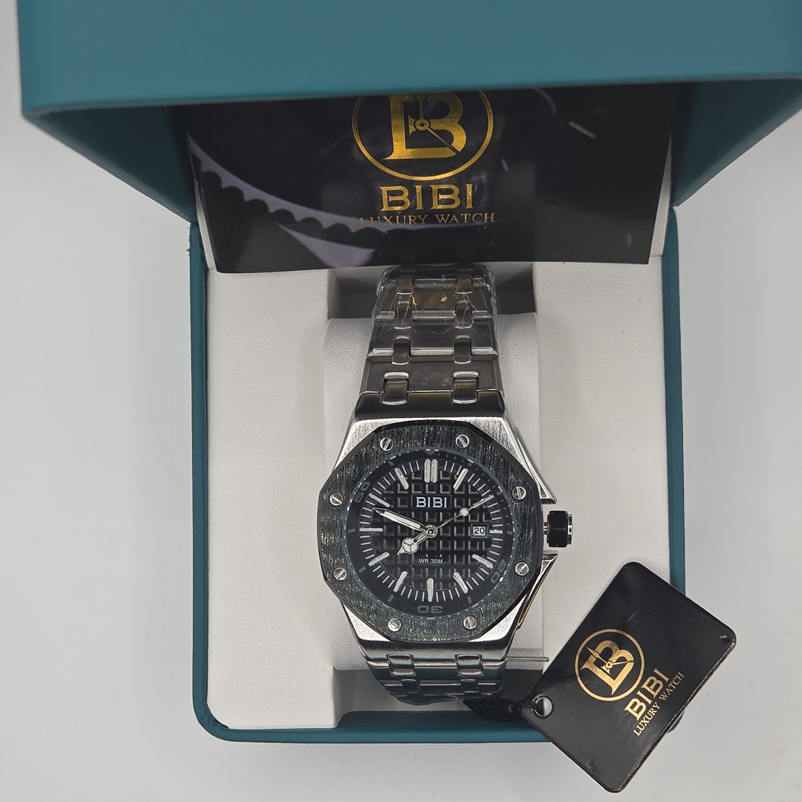 BIBI Men’s Quartz Analog Wristwatch Octagon Black Dial Date Silver SS Box