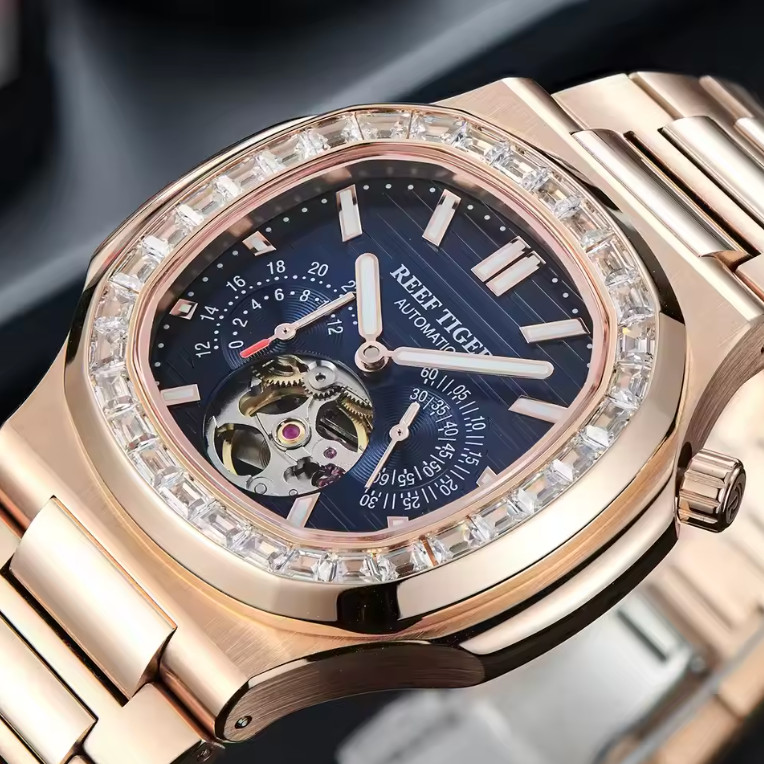Reef Tiger Luxury Watch For Men Stainless Steel Skeleton Dial Watches Mens Watch