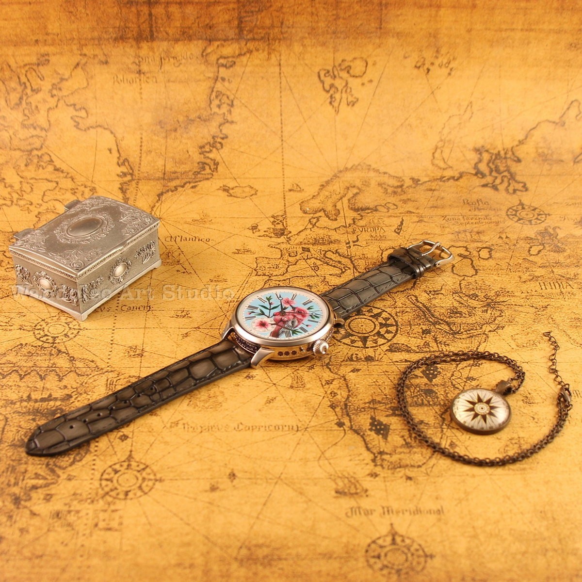 Vintage Mens Wristwatch: Hand Painted Dial, Jeweled Case, Swiss 1890 Movement