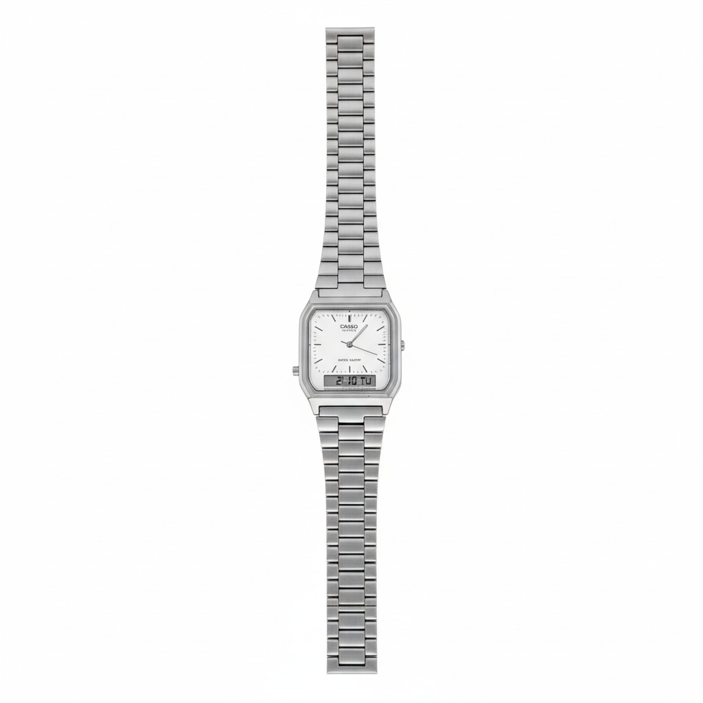 CASIO AQ-230A-7D Silver, Core White Dual time Stainless Steel Band Watch AQ230A
