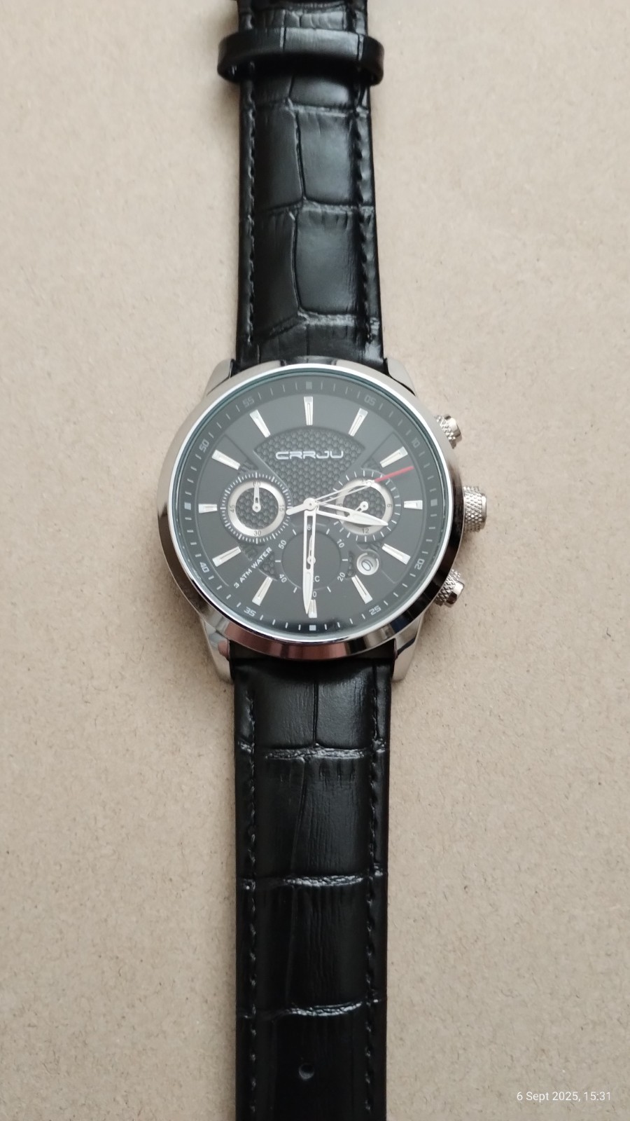 CRRJU 2212L Japanese Quartz Movement Chronograph Watch Black Face Leather Strap