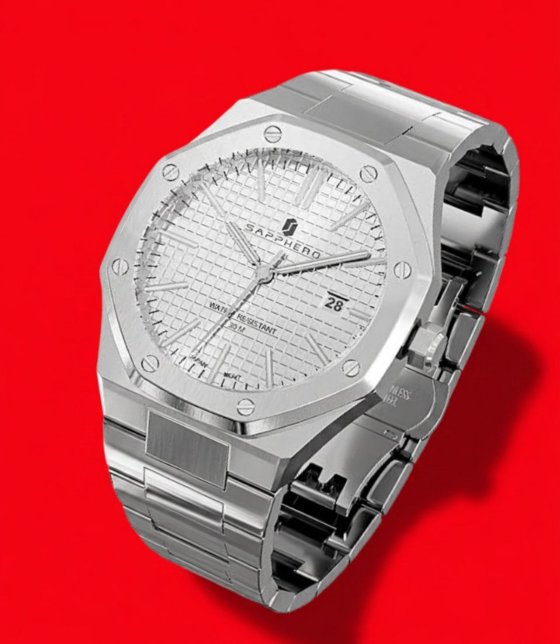 Mens Octagonal Watch Stainless Steel Business Silver Strap White Dial Wristwatch
