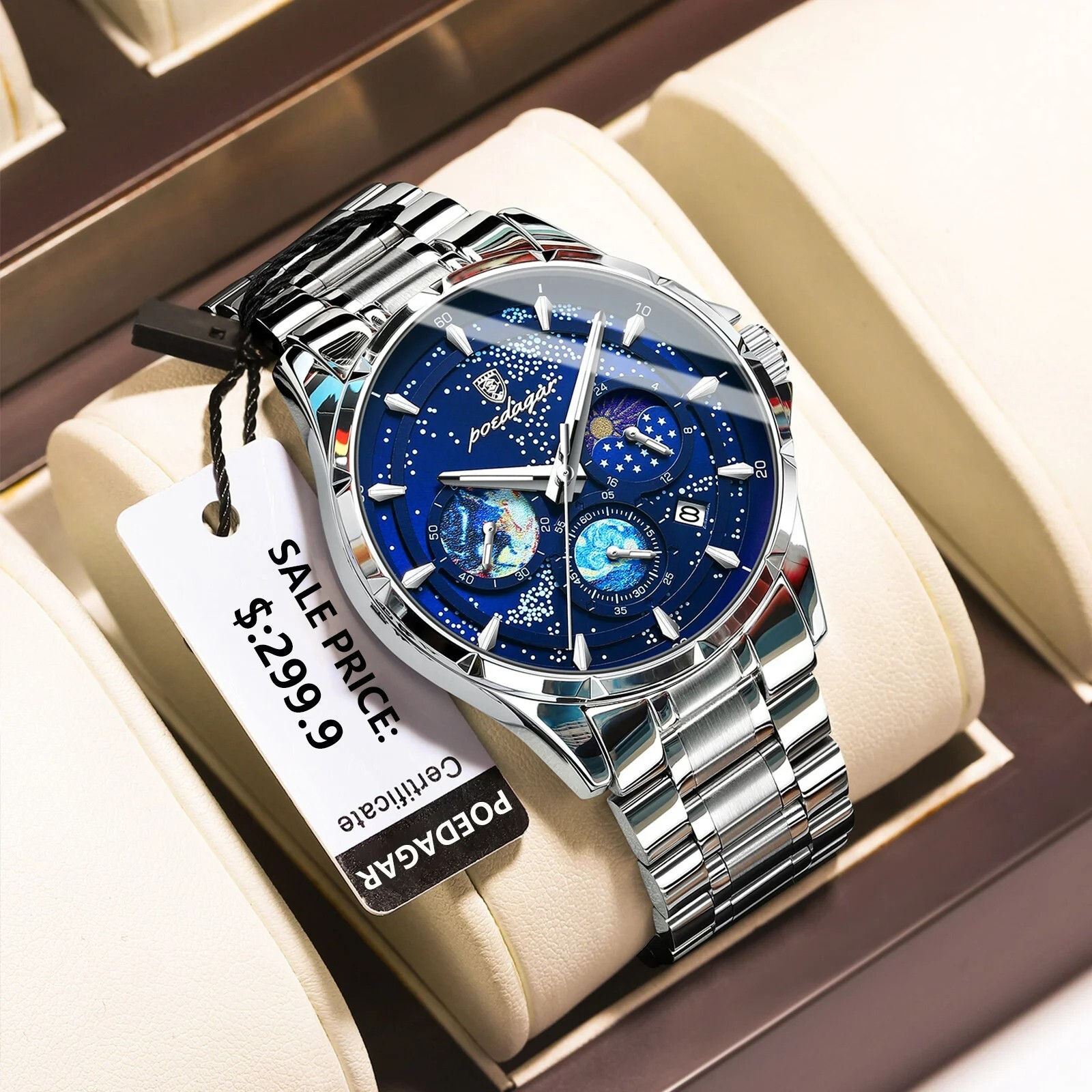 Waterproof Luminous POEDAGAR Luxury Men’s Watch Chronograph Stainless Men Strap