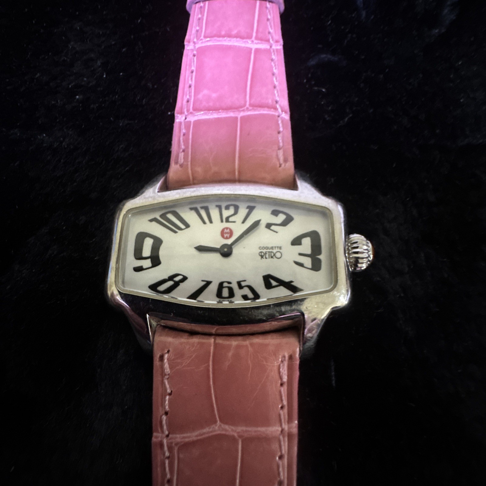 Michelle Coquette Retro Genuine Alligator Saph Crystal Ladies Watch Pink Size 20