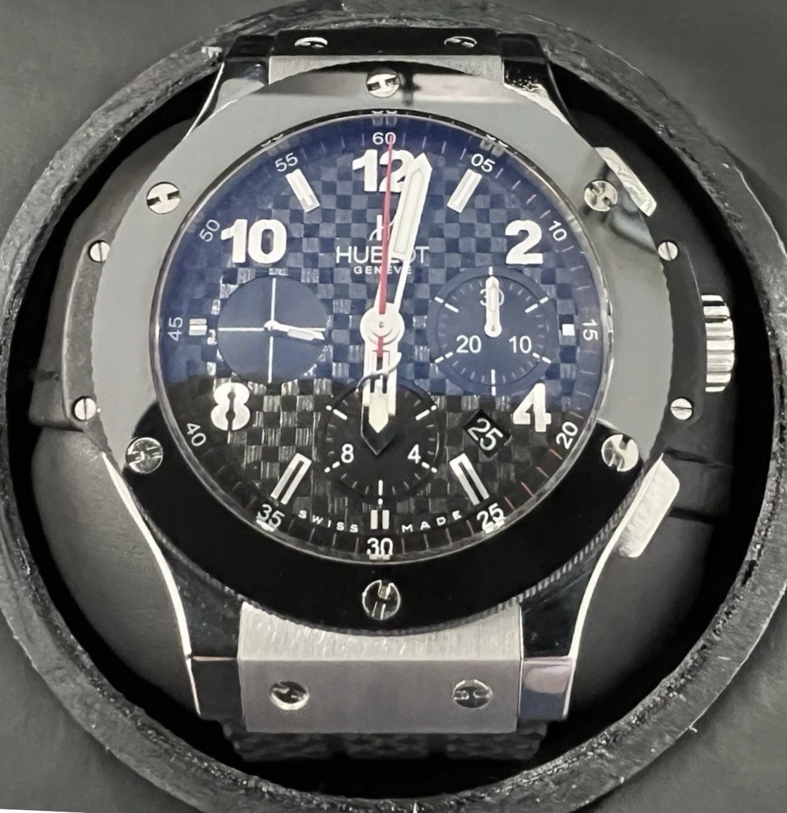 HUBLOT BIG BANG 44MM CARBON FIBER DIAL CERAMIC BEZEL 301.SB.131.RX RUBBER STRAP