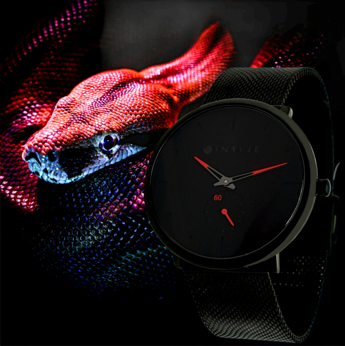 Infije Black Mamba Total Black Steel Quartz Watch – Red