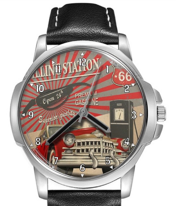 Route 66 Station Vintage Car Leather Strap Big Dial Gift Wrist Watch