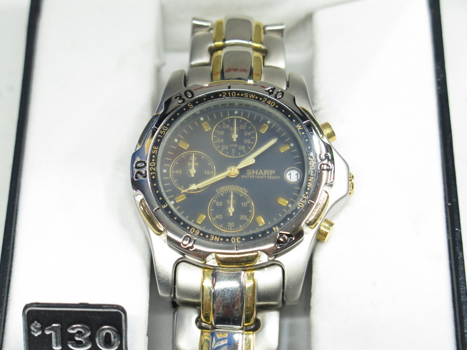 New Sharp Stainless Steel Chronograph Men’s Watch, Black Face, Needs Battery