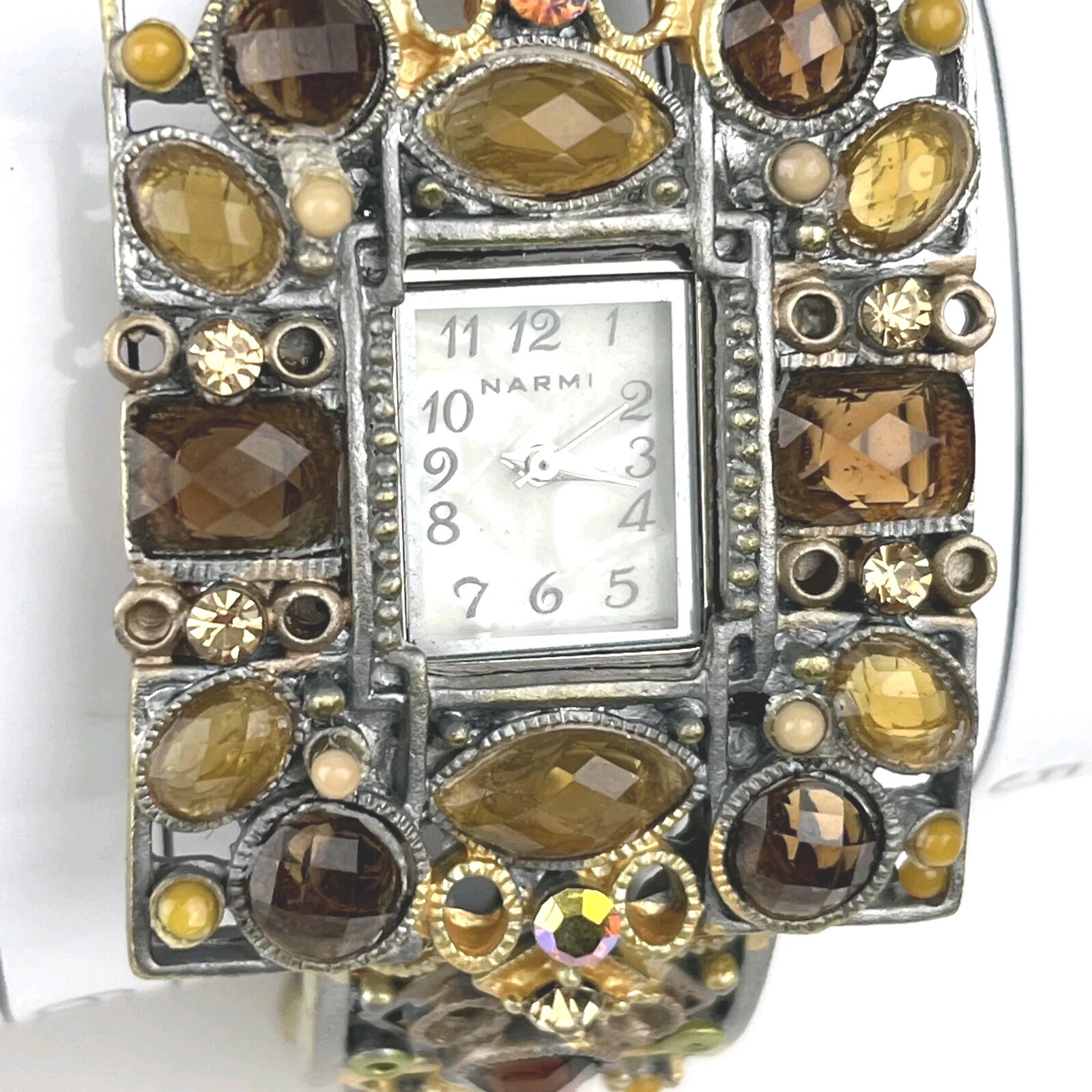 Narmi Analog Wristwatch Multi Gems Cuff Band Embellished New Battery Running