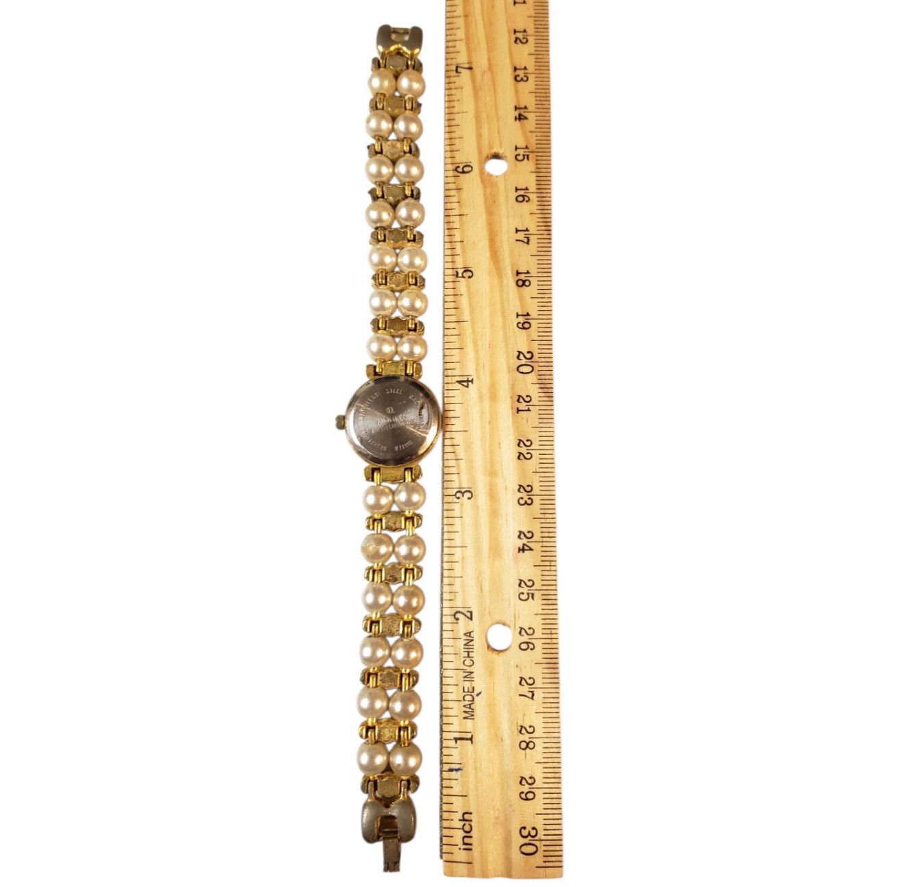Morita Women’s Water-Resistant Gold Tone Faux Pearls Quartz Analog Watch 7 1/2″