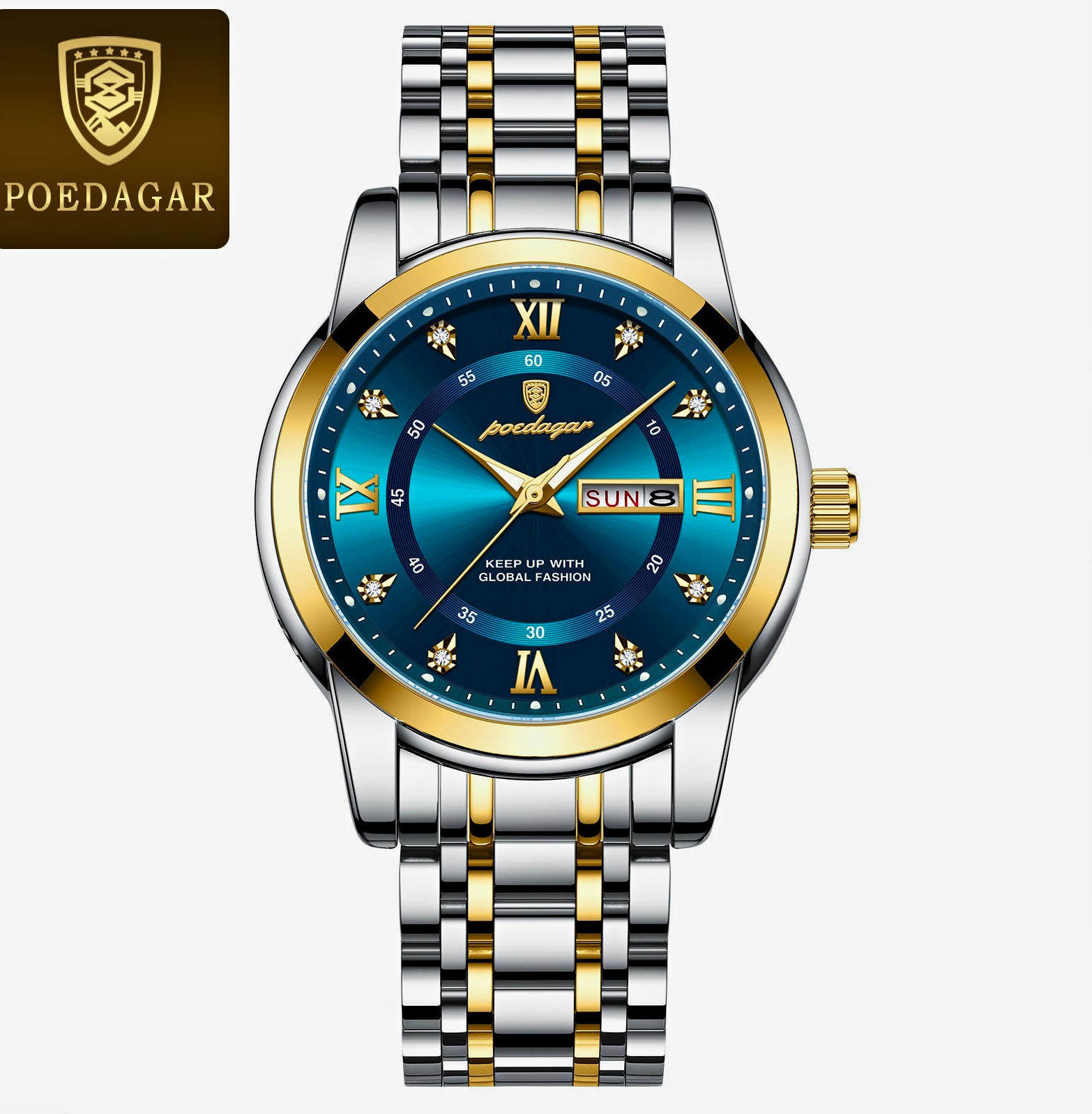 POEDAGAR Quartz Men’s Dress Watch Blue Sunburst Dial Day/Date Two-Tone Steel