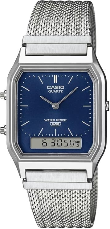 CASIO AQ-230EM-2A Vintage Ana-Digi Watch Navy Blue Dial Mesh Band Unisex Retro
