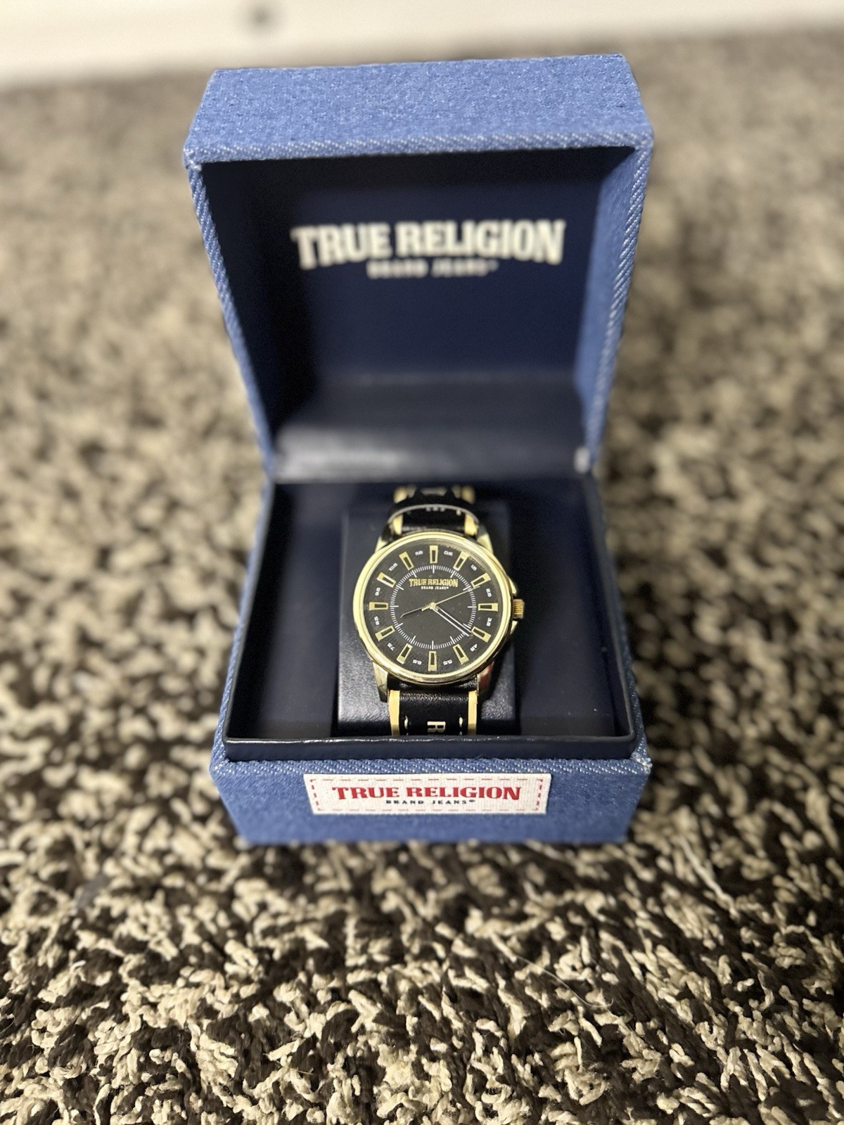 True Religion Brand Jeans Men’s Quartz Analog Watch Black Dial Gold Case Leather