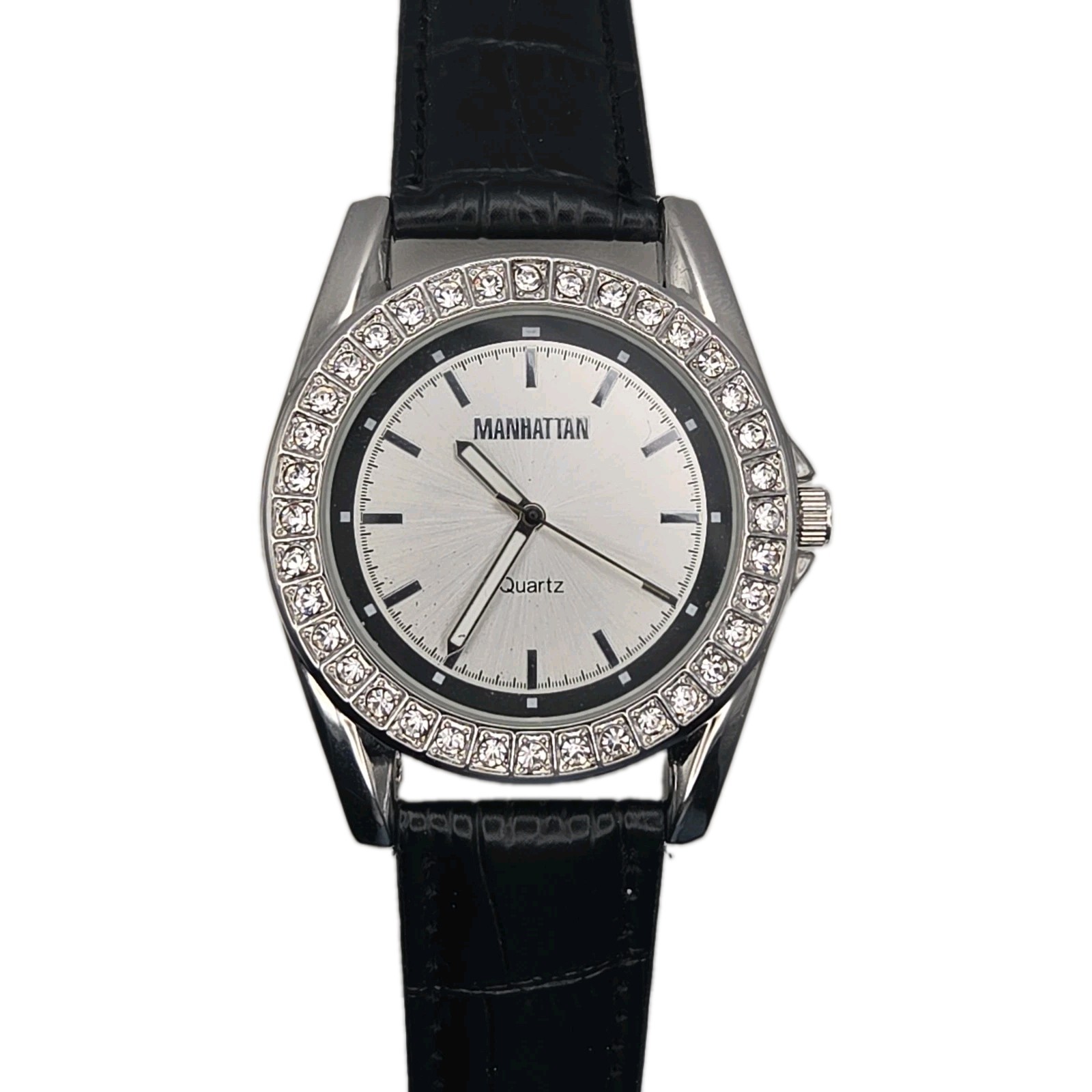 NEW 40m CROTON Manhattan Rhinestones Black Leather Quartz Watch CM404246