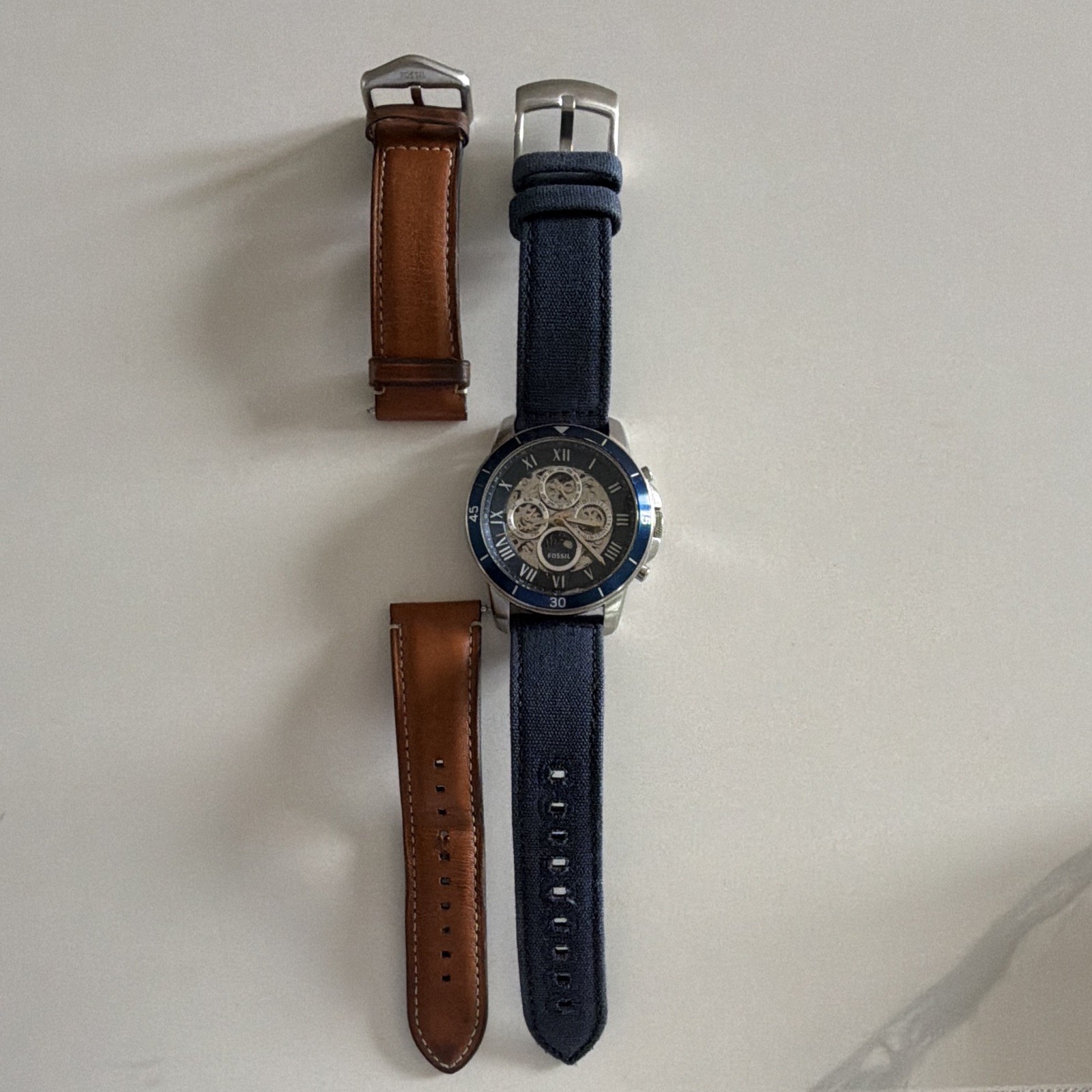 Fossil Men’s Automatic ME3140 Annual Calendar with Blue Cloth and Leather Strap