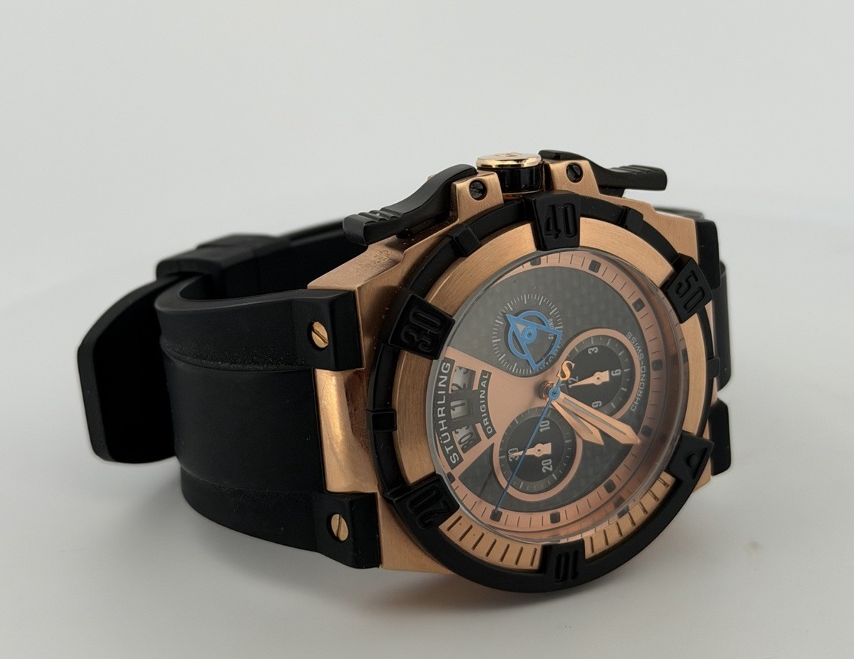Stuhrling Men’s Falcon 220 Diver 49mm Rose Gold Tone Watch Swiss Chrono Rare
