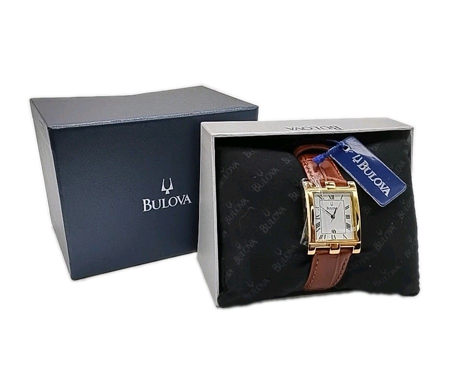 Bulova Tank Style Watch Gold Tone Roman Dial Date Quartz Unisex NEEDS BATTERY