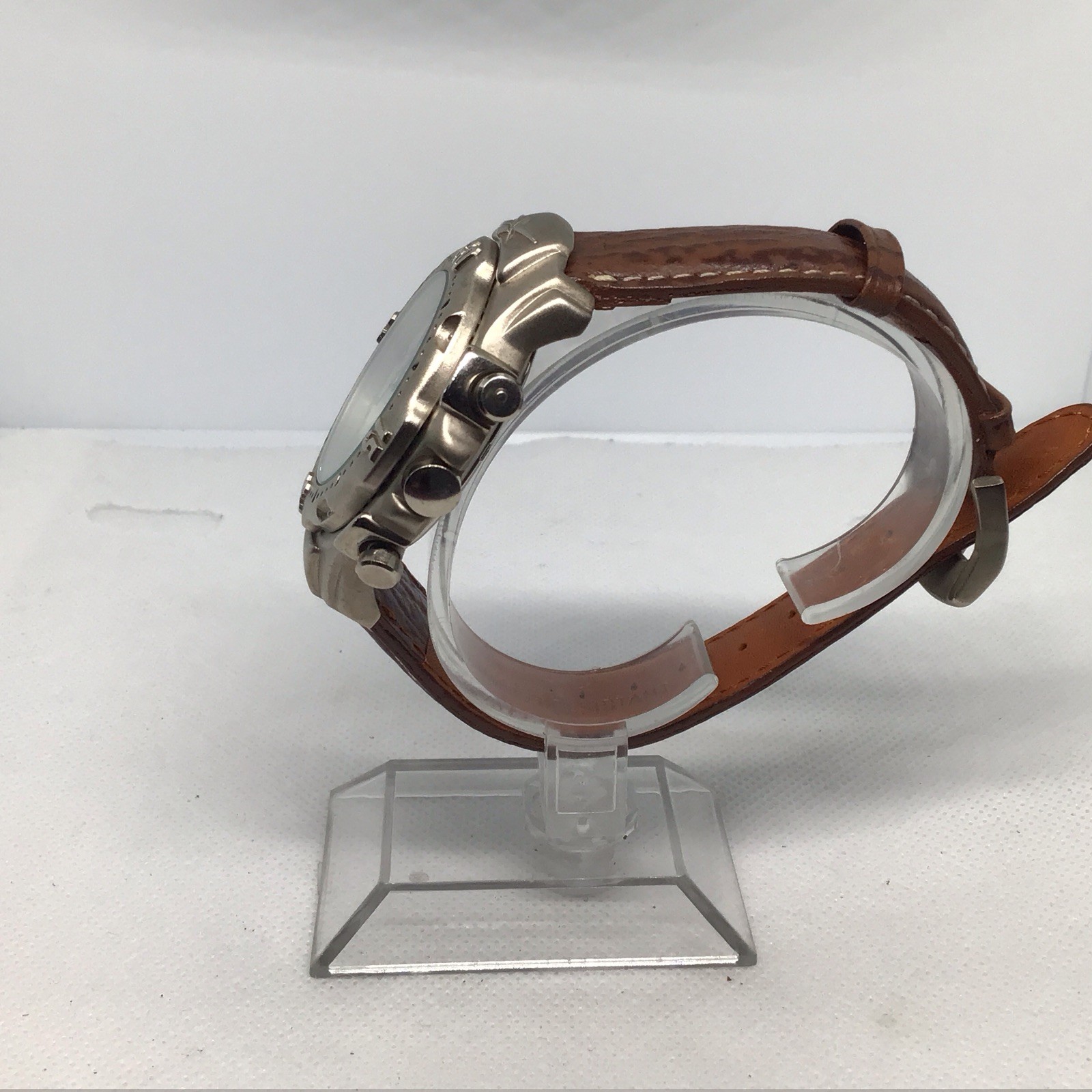 Reebok Chronograph Watch White Dial Date Brown Leather Strap 100M Water Resist