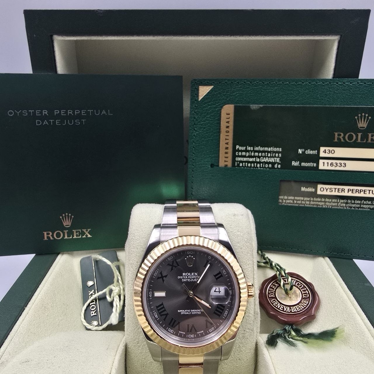 2013 PAPERS Rolex Datejust II Wimbledon Dial Oyster 41mm 116333 Watch BOX