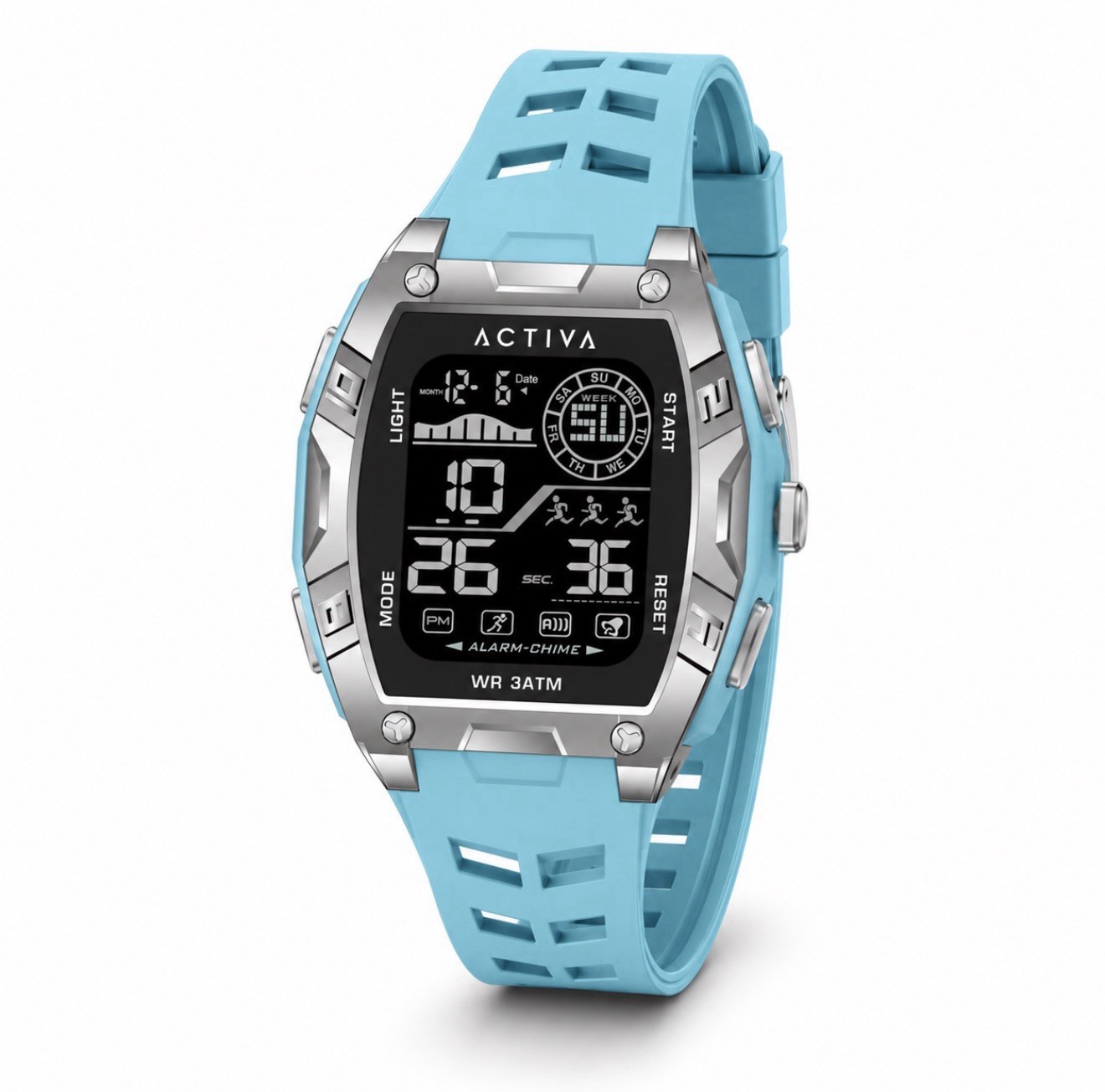 Activa Zalix Men’s Quartz Digital Watch 46mm Silver Case Blue Strap 30m Box