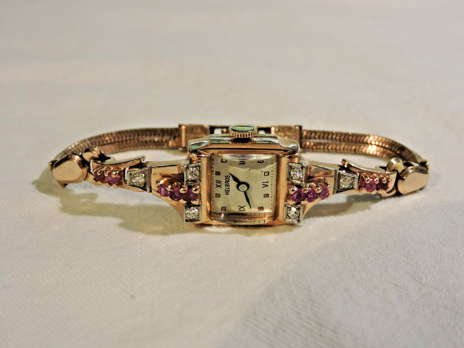 Art Deco Helbros 14k SOLID Rose Gold Watch Ruby & Diamond 1950’s, KEEPING TIME!