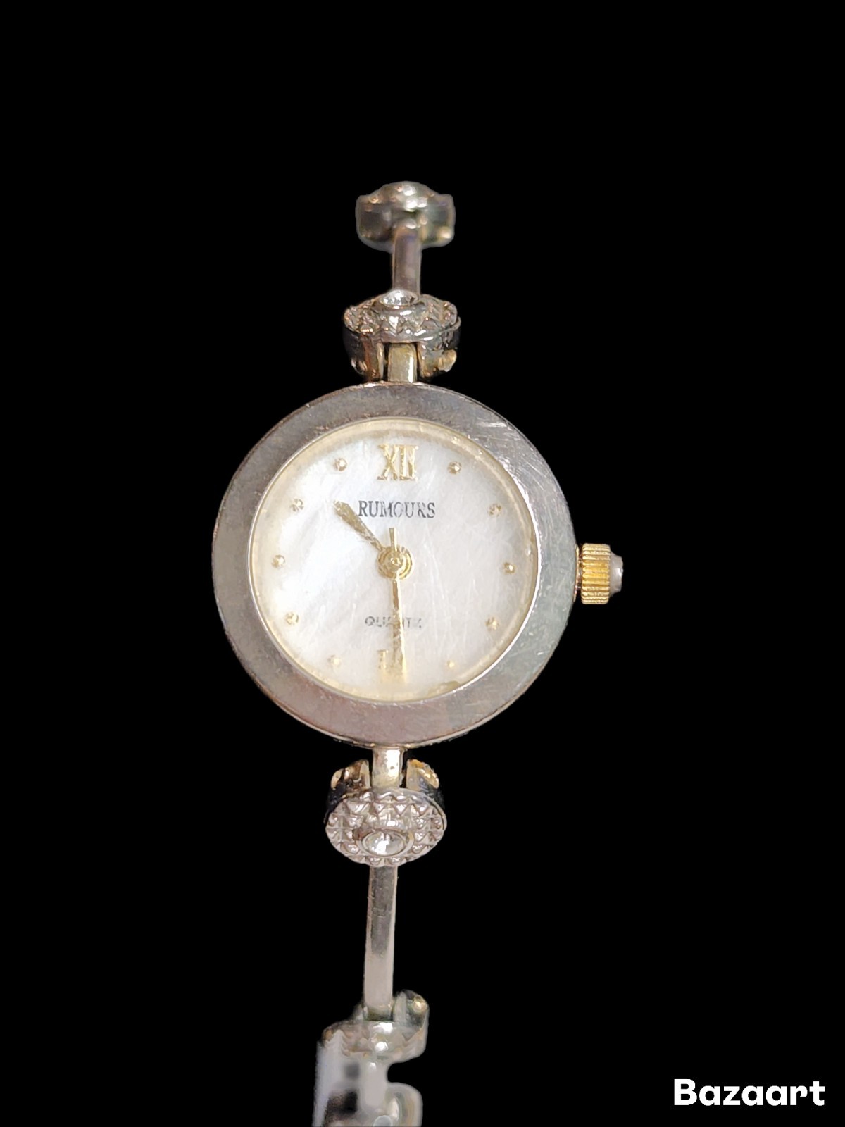 Rumours Women’s Rhinestone Abalone Silver Tone Fashion Watch Working Parts 6.75″