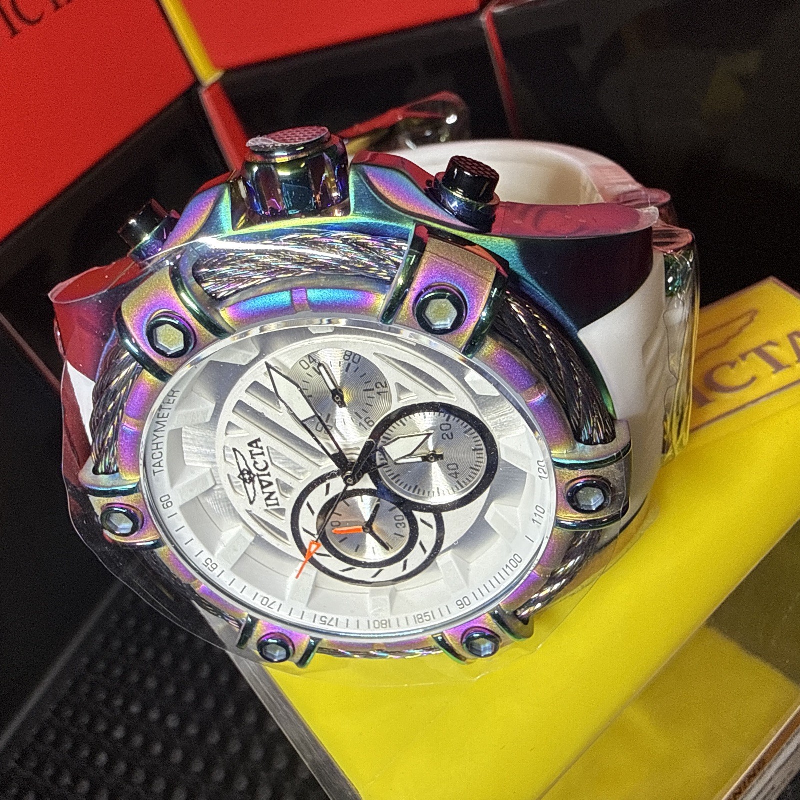 Invicta Men’s Bolt Quartz Chrono 52MM White Dial Iridescent Steel Watch 25530